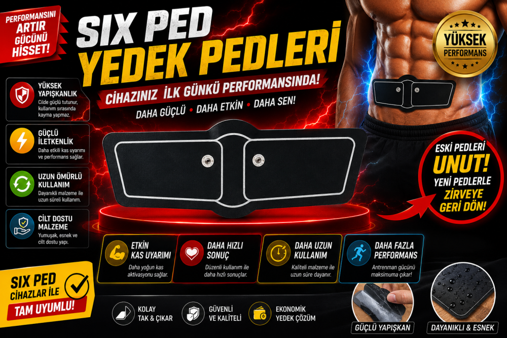 Daha güçlü kas uyarımı, daha etkili performans! Six Ped yedek pedleri ile cihazınızı yenileyin, antrenman gücünü artırın.  SIX PED YEDEK PEDLERİ Antrenman performansınızı artırın, cihazınızı ilk günkü gücüne geri döndürün! Six Ped cihazları ile tam uyumlu 